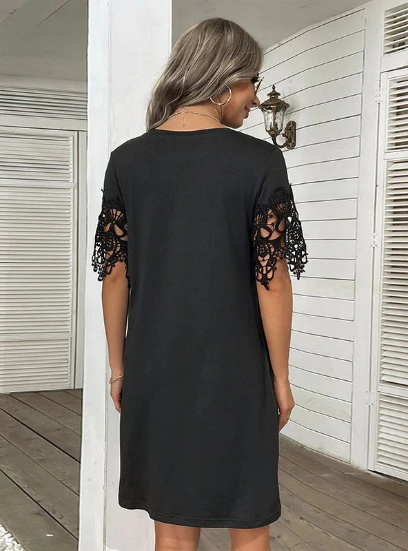 TastyHottie - LOOSE SHORT-SLEEVED LACE STITCHING BLACK DRESS