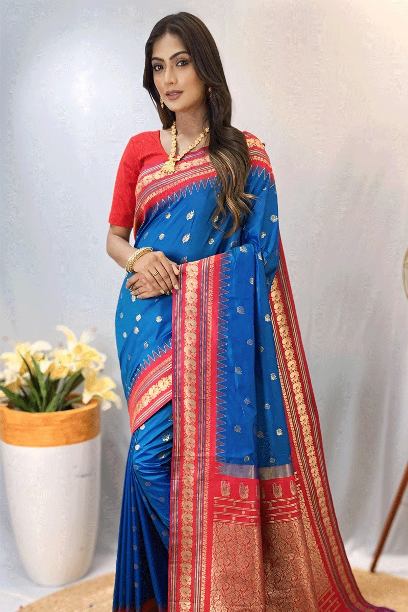 Blue Colour Zari Weaving Design Wedding Saree