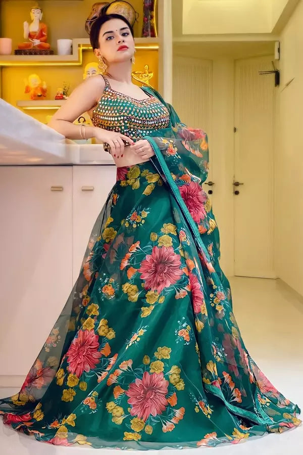 Avneet Kaur Green Floral Print Crop Top Lehenga Choli For Wedding