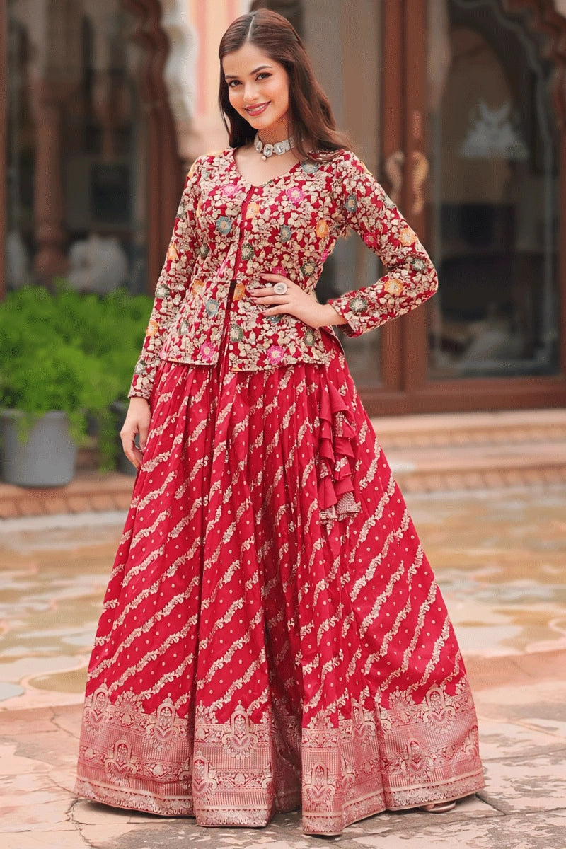 Heavy Embroidery Work Red Top Lehenga Pair For Wedding