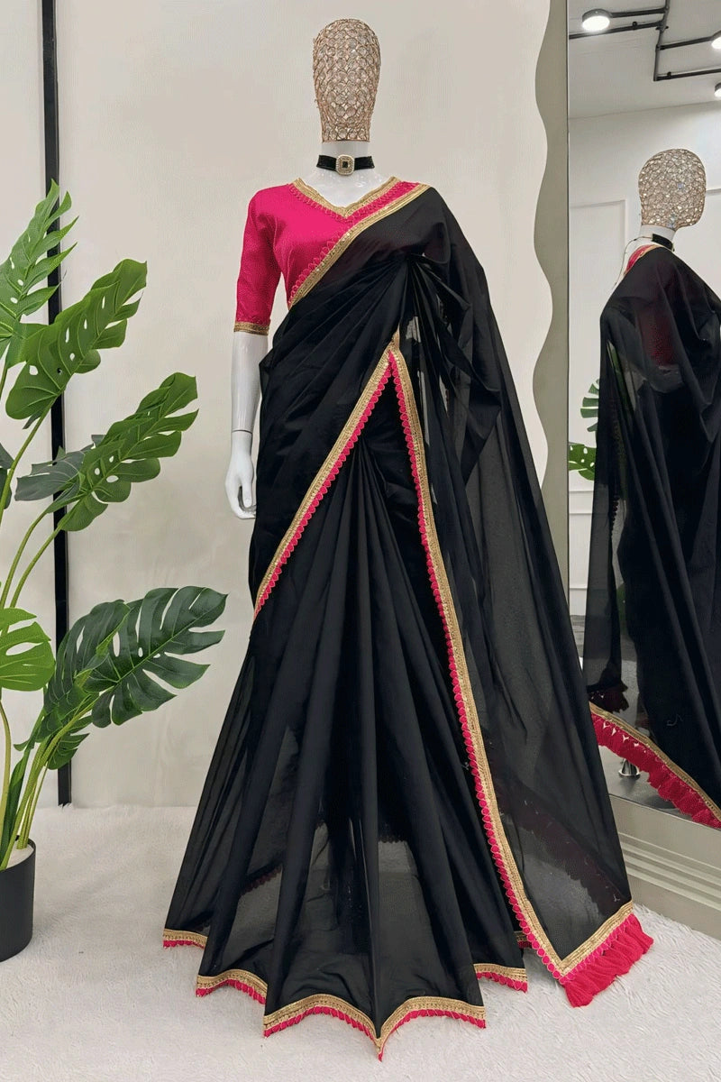Cotton Fabric Saree With Golden Border For Wedding