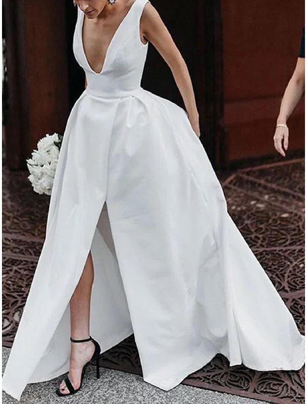 Reception Sexy Casual Wedding Dresses A-Line V Neck Sleeveless Court Train Satin Bridal Gowns With Split Front Solid Color Reception Sexy Casual Wedding Dresses A-Line V Neck Sleeveless Court Train Satin Bridal Gowns With Split Front Solid Color