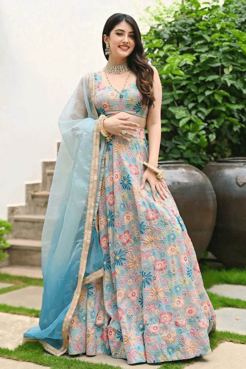 Flower Design Sky Blue Colour Lehenga Choli For Wedding