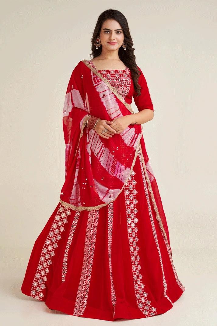 Georgette Fabric Red Lehenga Choli For Wedding