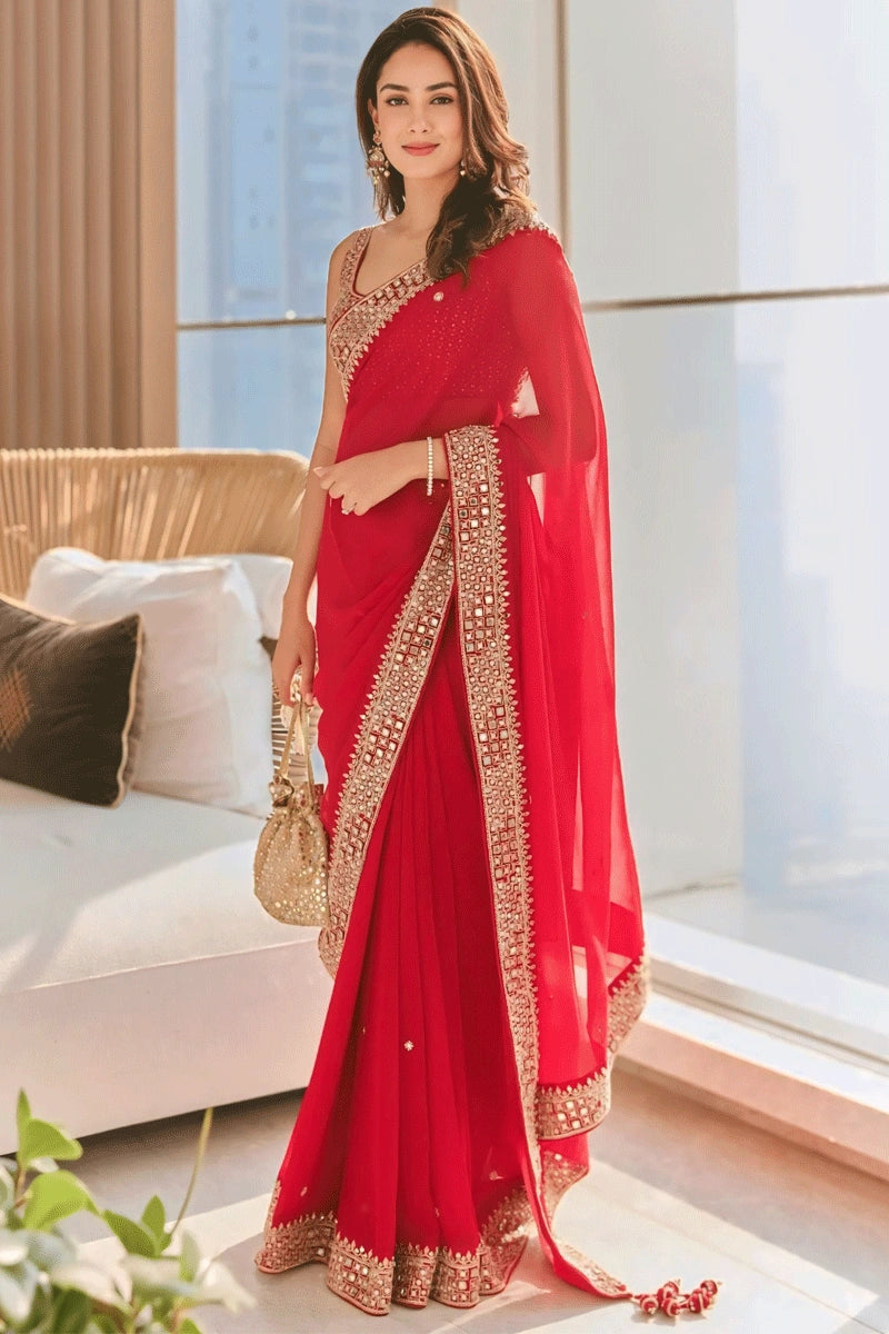 Red Color With Heavy Border Saree For Wedding
