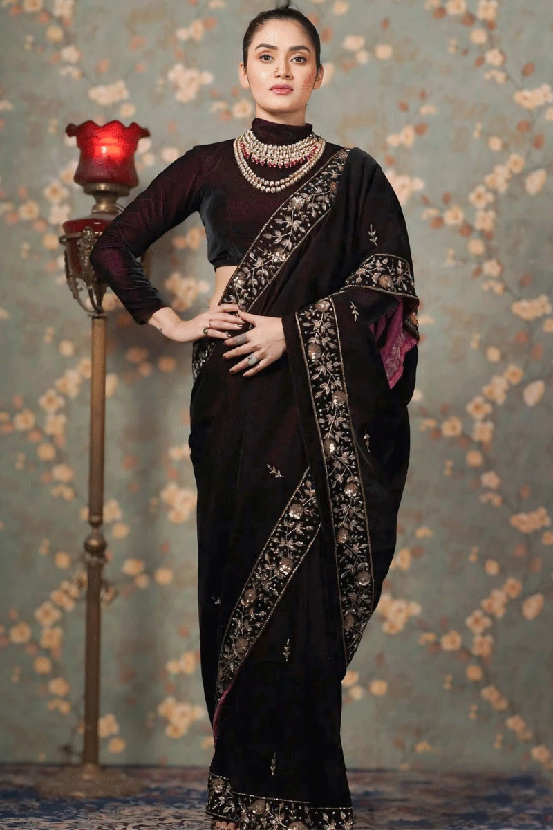 Traditional Wine Color Saree For Wedding Outfits
