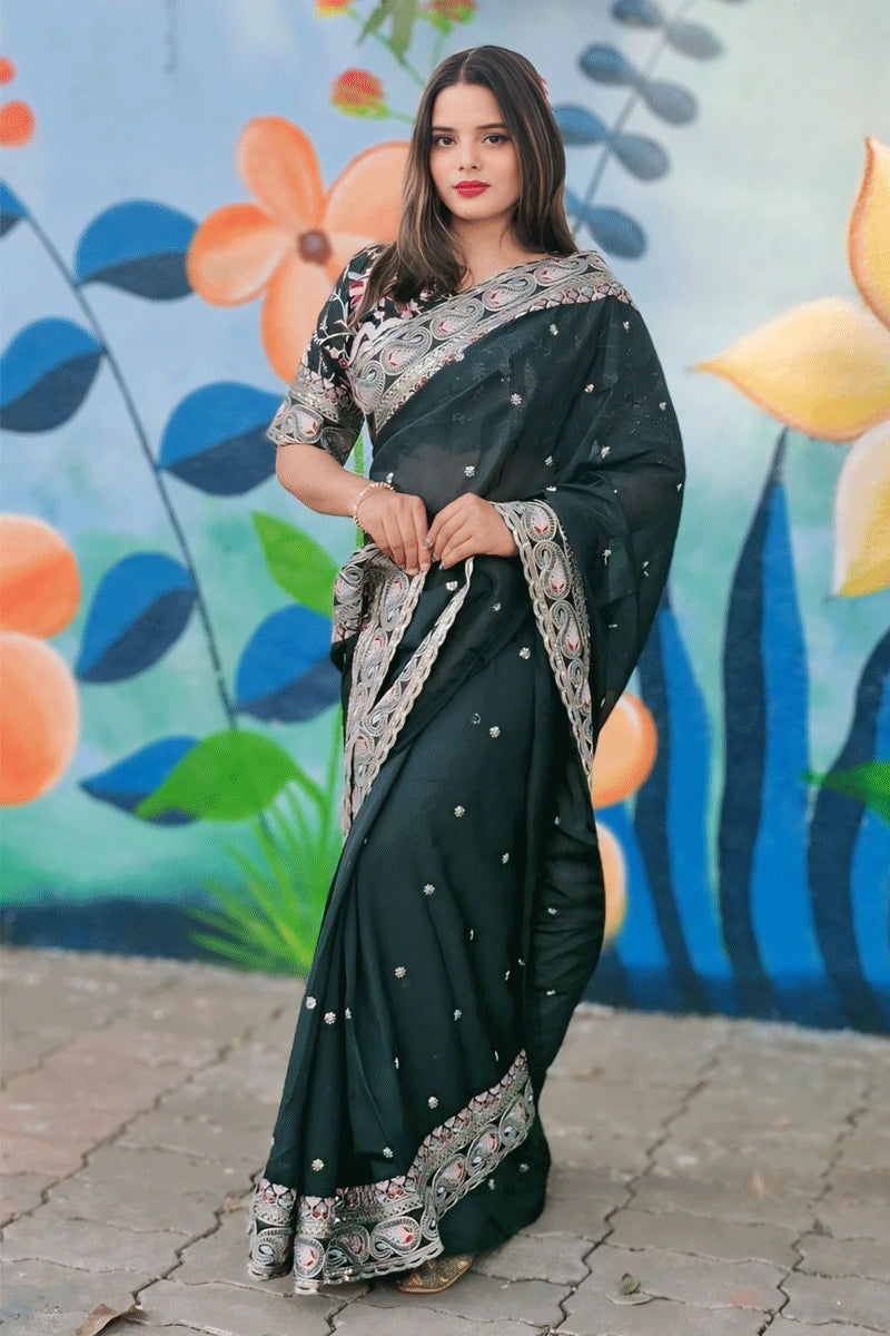 Dark Green Color Wedding Saree For Women