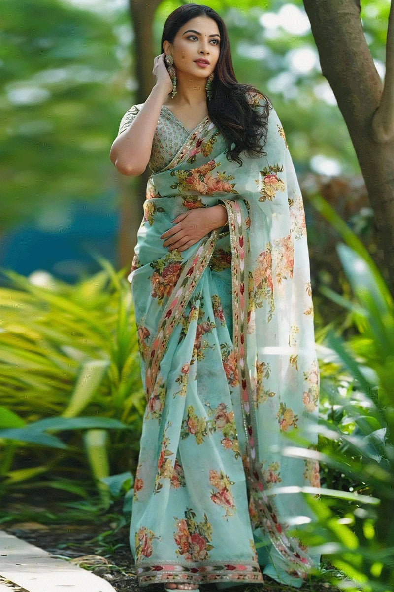 Flower Design Pista Color Saree For Wedding