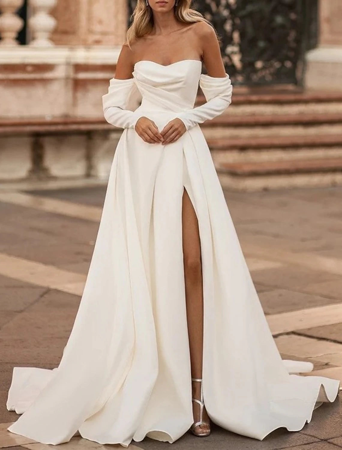 Hall Casual Wedding Dresses A-Line Off Shoulder Long Sleeve Court Train Satin Bridal Gowns With Split Front Solid Color Hall Casual Wedding Dresses A-Line Off Shoulder Long Sleeve Court Train Satin Bridal Gowns With Split Front Solid Color