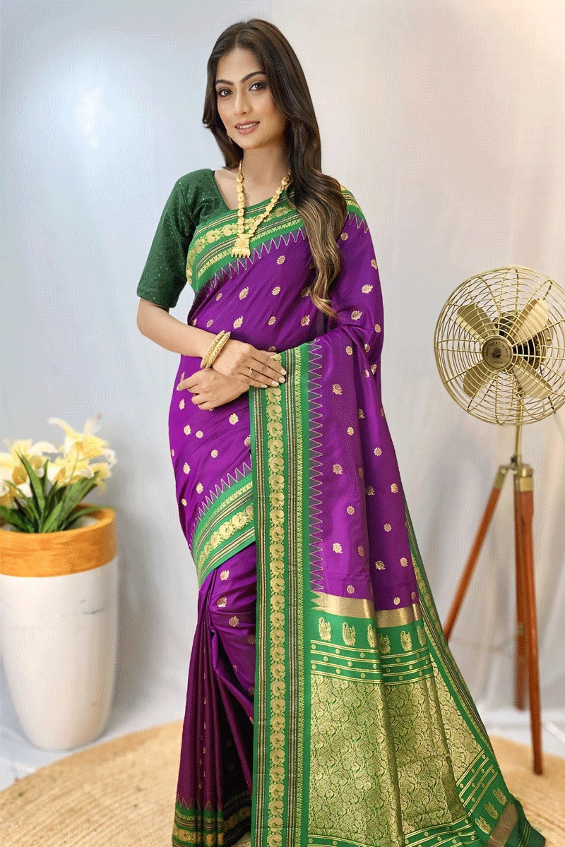 Golden Zari Work Purple Colour Saree For Wedding Function