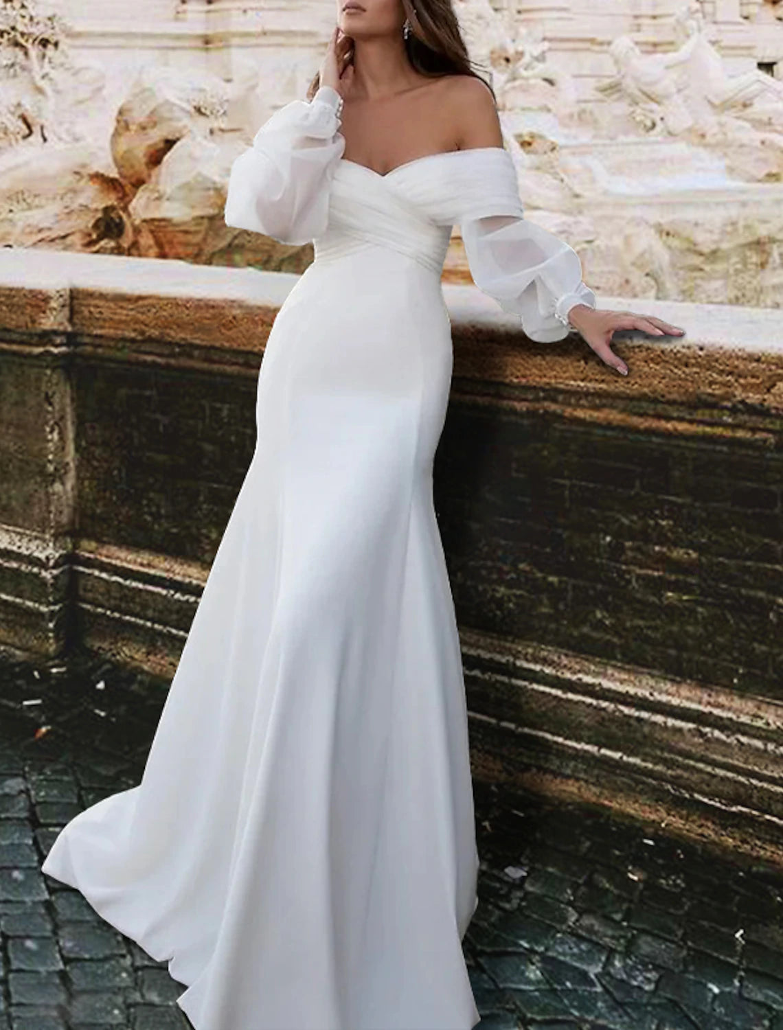 Reception Casual Wedding Dresses Mermaid / Trumpet Off Shoulder Long Sleeve Sweep / Brush Train Satin Bridal Gowns With Ruched Reception Casual Wedding Dresses Mermaid / Trumpet Off Shoulder Long Sleeve Sweep / Brush Train Satin Bridal Gowns With Ruched