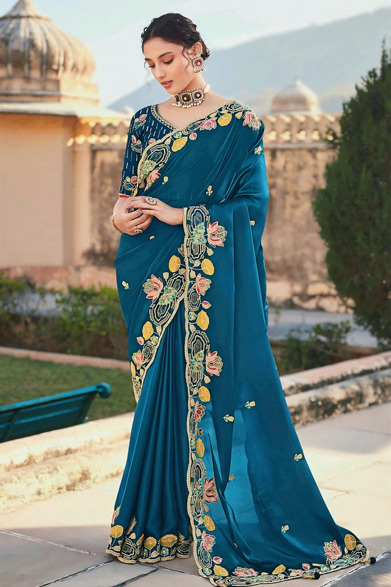 Heavy Border Firozi Color Wedding Guest Saree