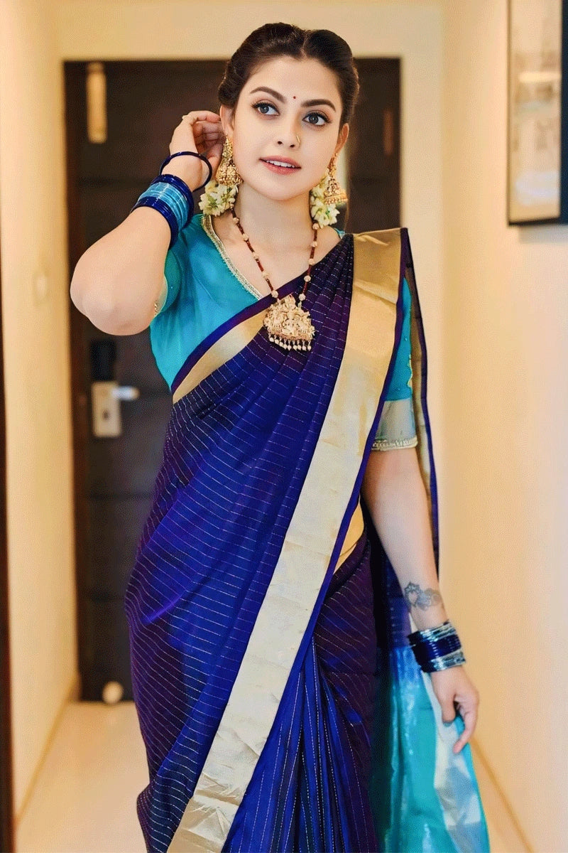 Navy Blue With Golden Border Silk Saree For Wedding