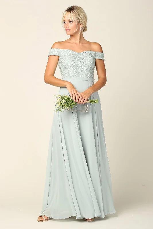 Long Off Shoulder Lace Bodice Bridesmaids Dress