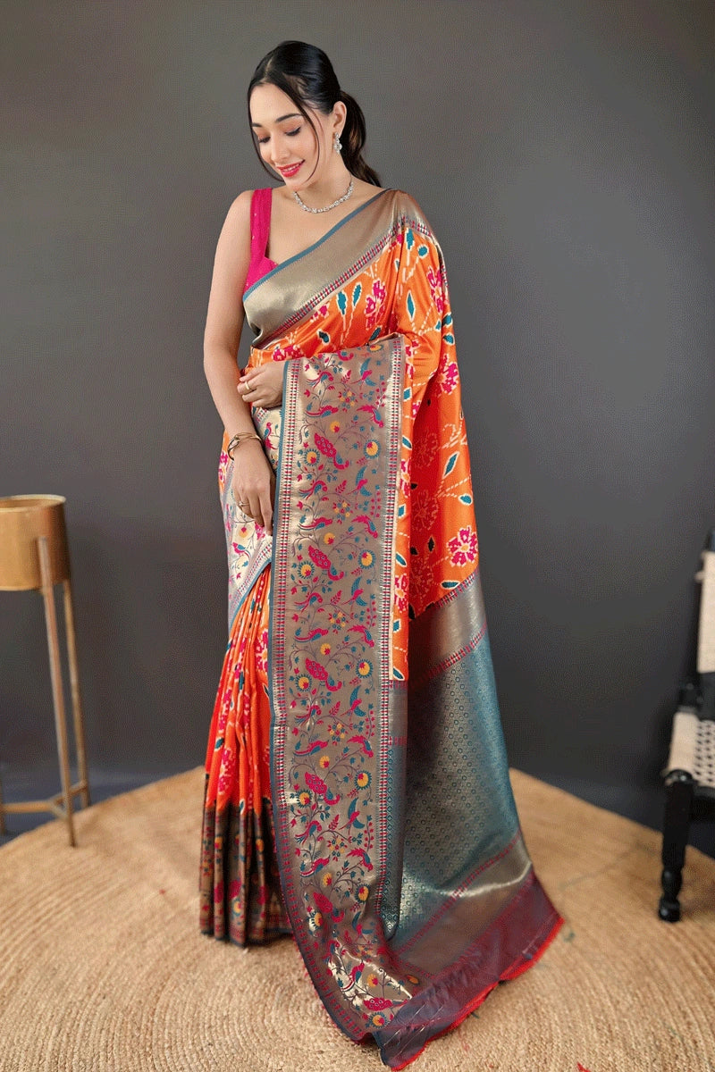 Patola Silk Orange Colour Saree For Wedding Guest