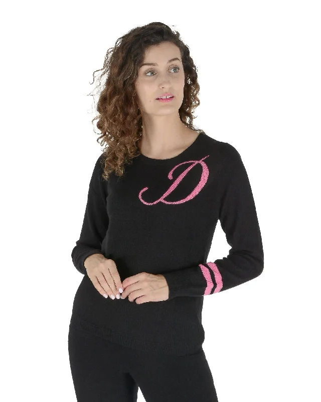 Crown of Edinburgh Cashmere Women's Black Cashmere Sweater with Pink 'D' Embroidery  Luxury 100% Cashmere Sweater - Black with Pink Detail - Crown of Edinburgh  Crown of Edinburgh Cashmere: Women's Long Sleeve Round Neck Knit Jumper