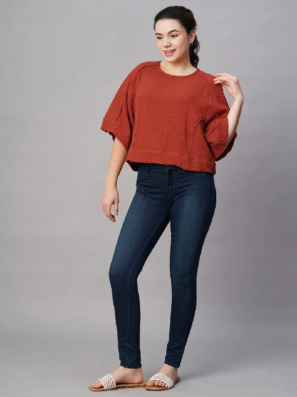 Women's Rust Cotton Boxy Fit Blouse