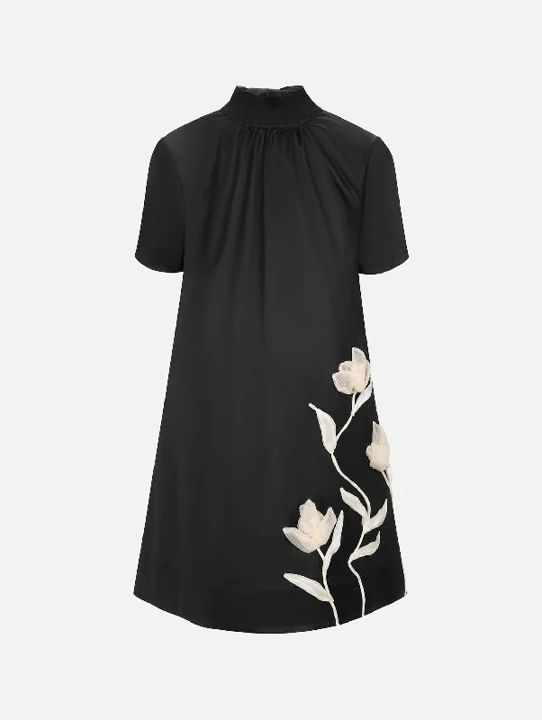 Ilana Mini Dress in Embroidered Black Satin