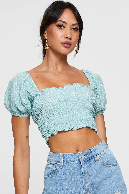 Print Peplum Top Short Sleeve Crop
